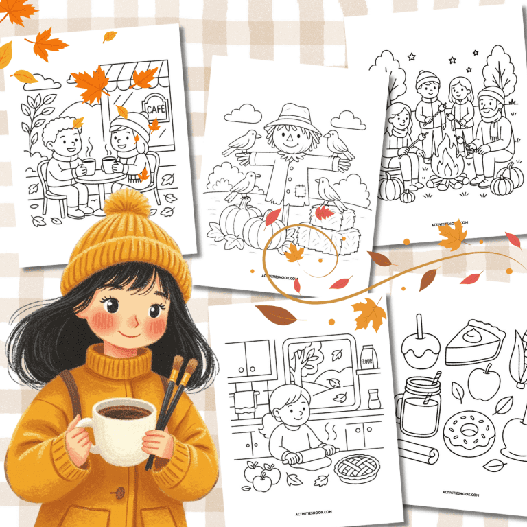 Cozy autumn coloring pages collage