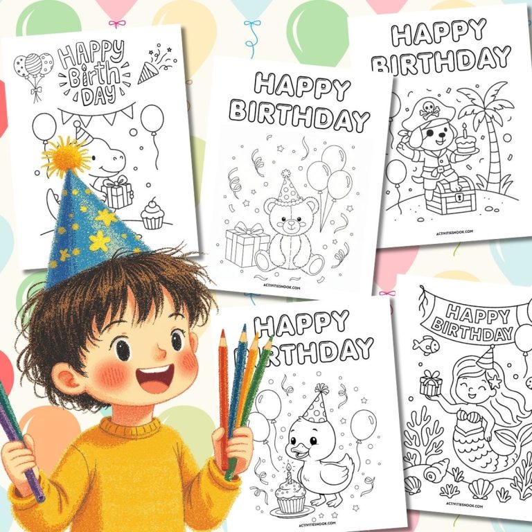happy Birthday Coloring Pages thumbnail showing a collage of coloring pages and a child with crayons
