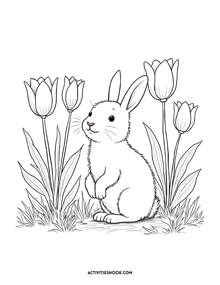Bunny with pink nose among tulips coloring page – adorable rabbit coloring printable for Easter or springtime fun.