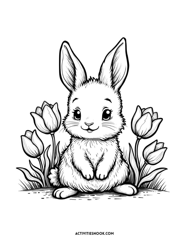Sweet bunny sitting by tulips coloring sheet – easy spring animal coloring page for children.
