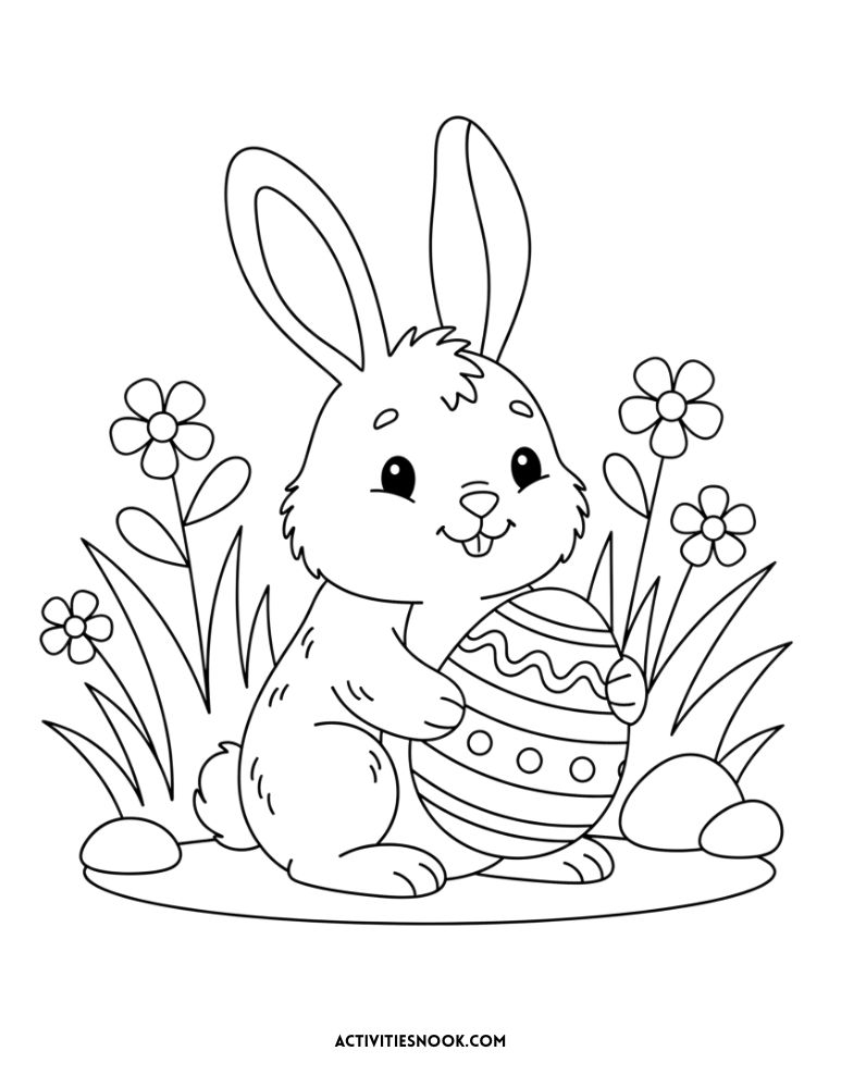 Easter bunny with decorated egg coloring page – Easter bunny coloring sheet with flowers and a patterned egg. Fun Easter rabbit coloring printable for preschoolers and children.