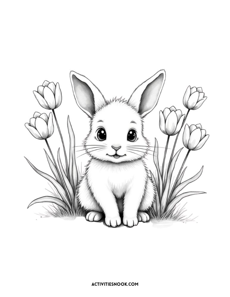 grayscale realistic bunny coloring with flowers