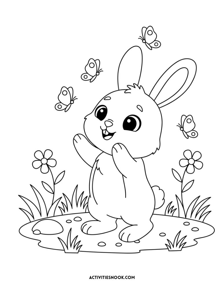 Happy bunny with butterflies coloring page – Playful bunny coloring printable with butterflies and flowers. Simple spring bunny coloring sheet for toddlers and young children.