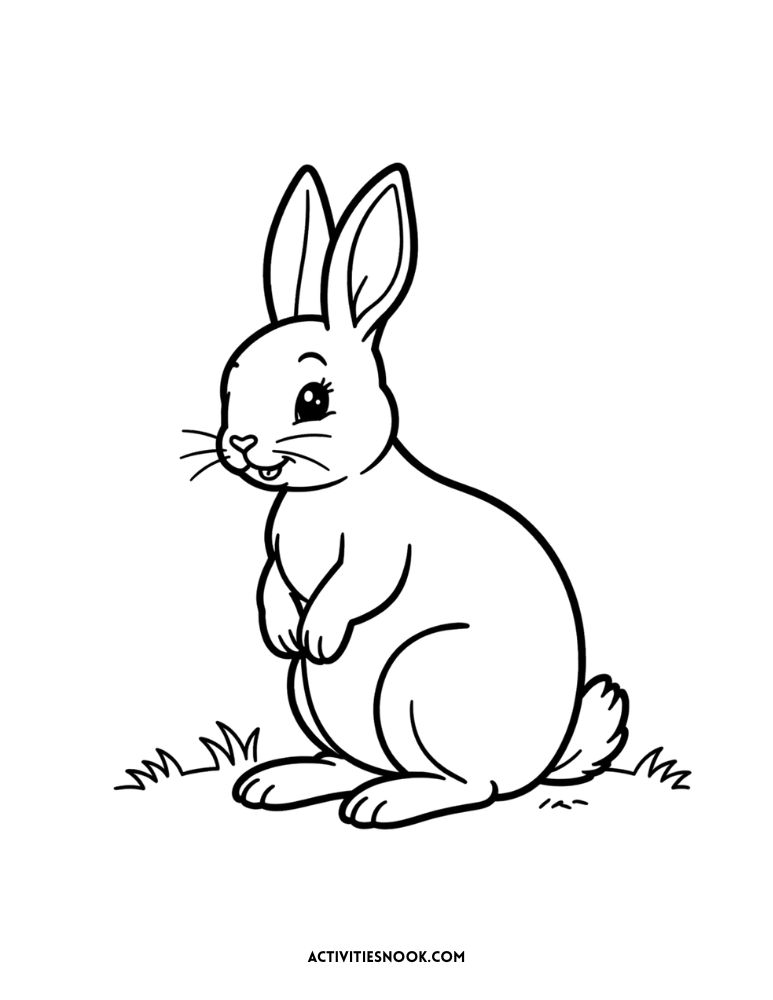 Cute sitting bunny coloring page – Simple bunny coloring sheet showing a rabbit sitting up on its hind legs. Easy bunny coloring picture for preschool and kindergarten printables.