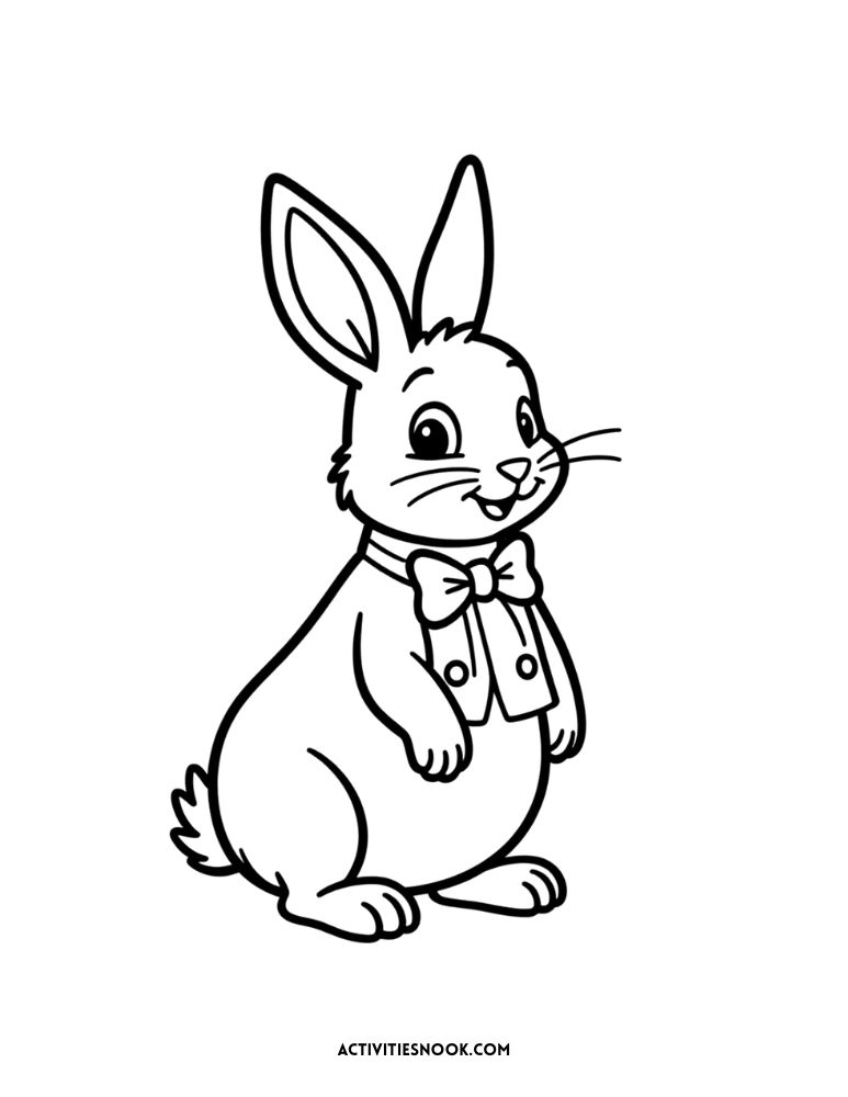 Bunny with bow tie coloring page – Charming bunny coloring picture of a rabbit wearing a bow tie. Simple bunny coloring sheet for children to print and color.