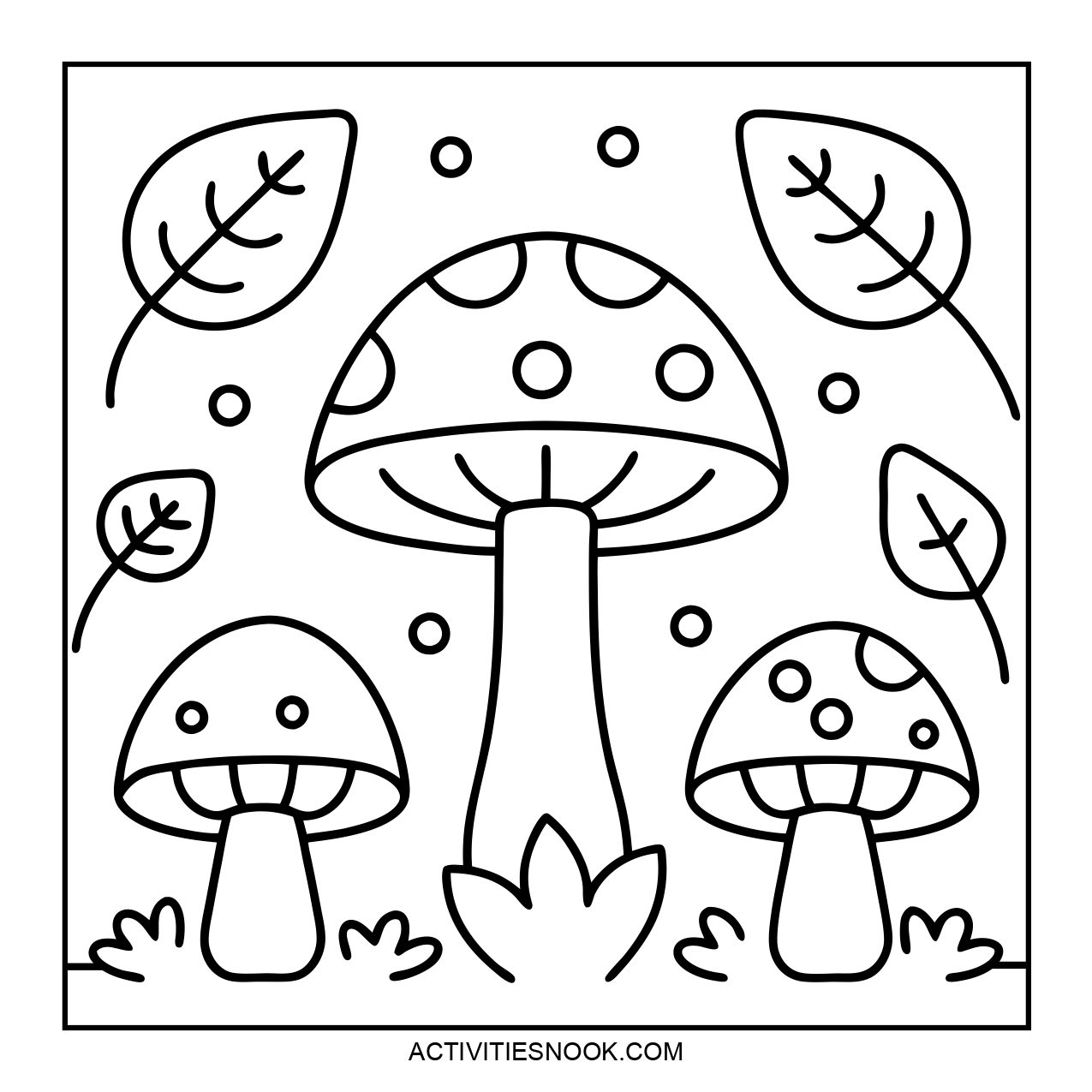 Black and white coloring page featuring three mushrooms with polka dots and surrounding leaves.