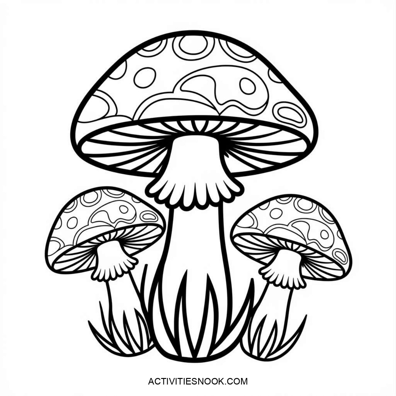 Three outlined mushrooms with decorative patterns and grass elements in a coloring page design.