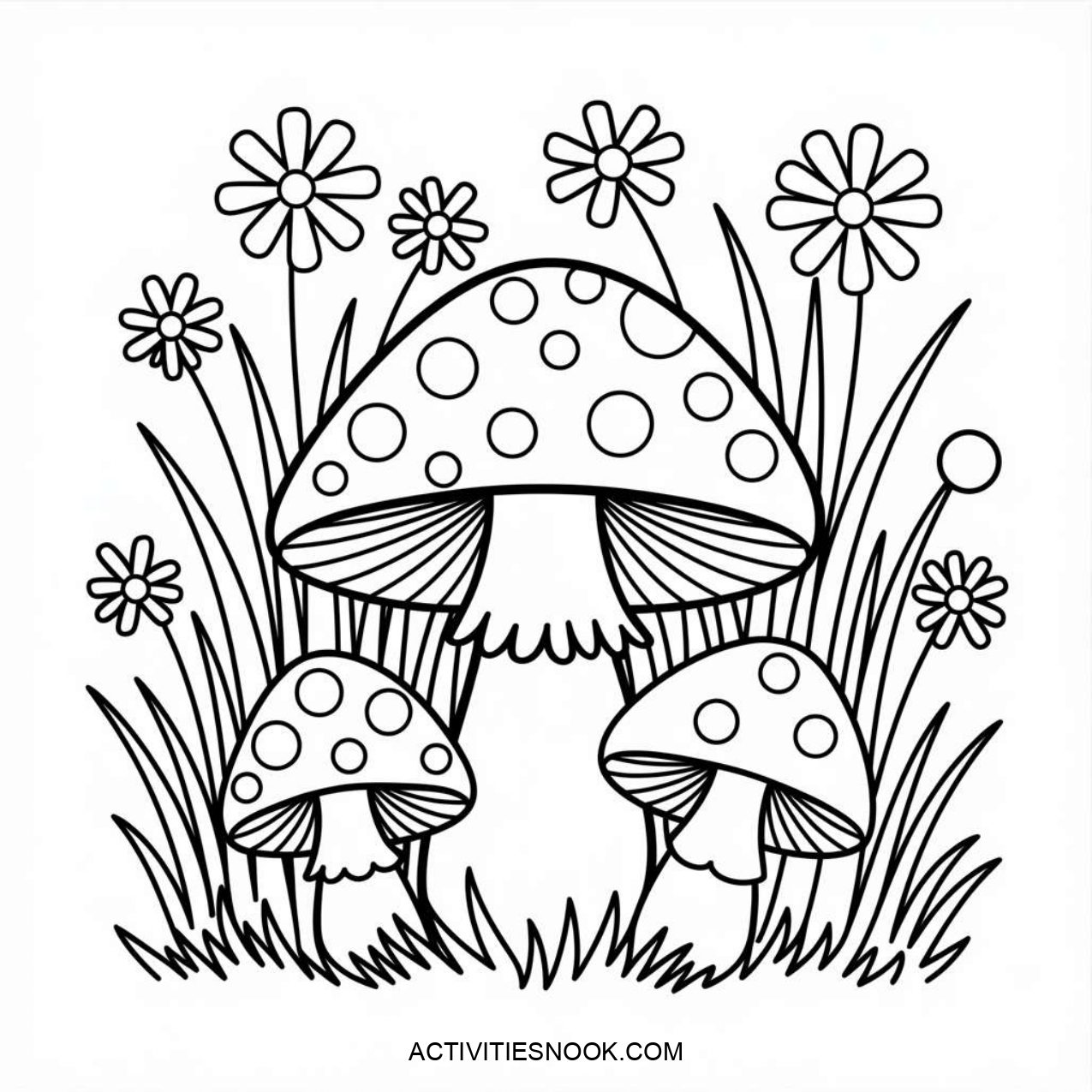 Black and white illustration of three mushrooms surrounded by flowers and grass in a coloring page design.