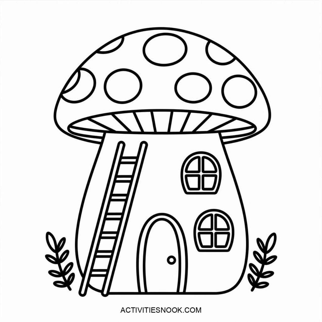 Coloring page illustration of a whimsical mushroom house with a ladder and windows.