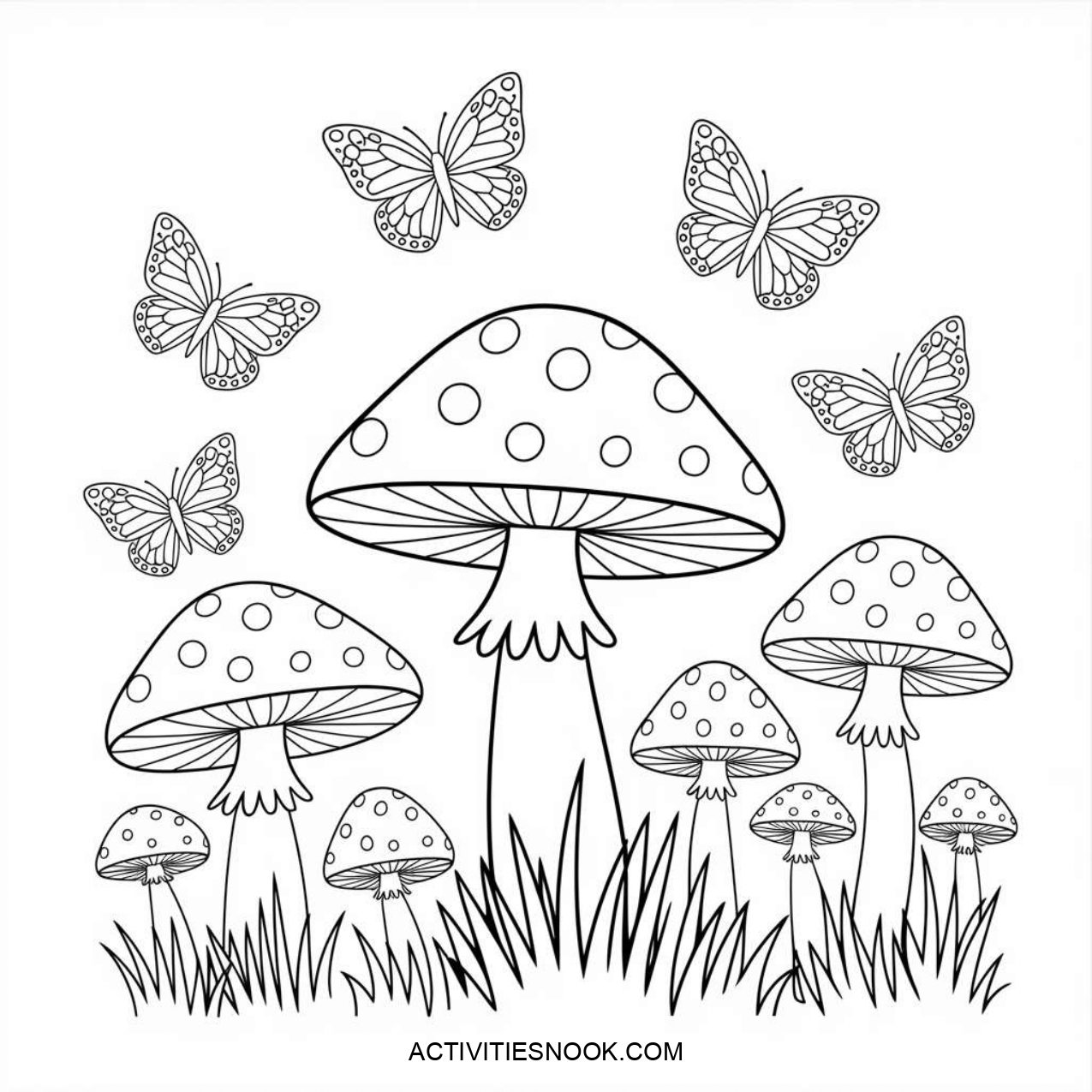 Black and white illustration of mushrooms with polka dots and butterflies surrounding them, suitable for coloring activities.