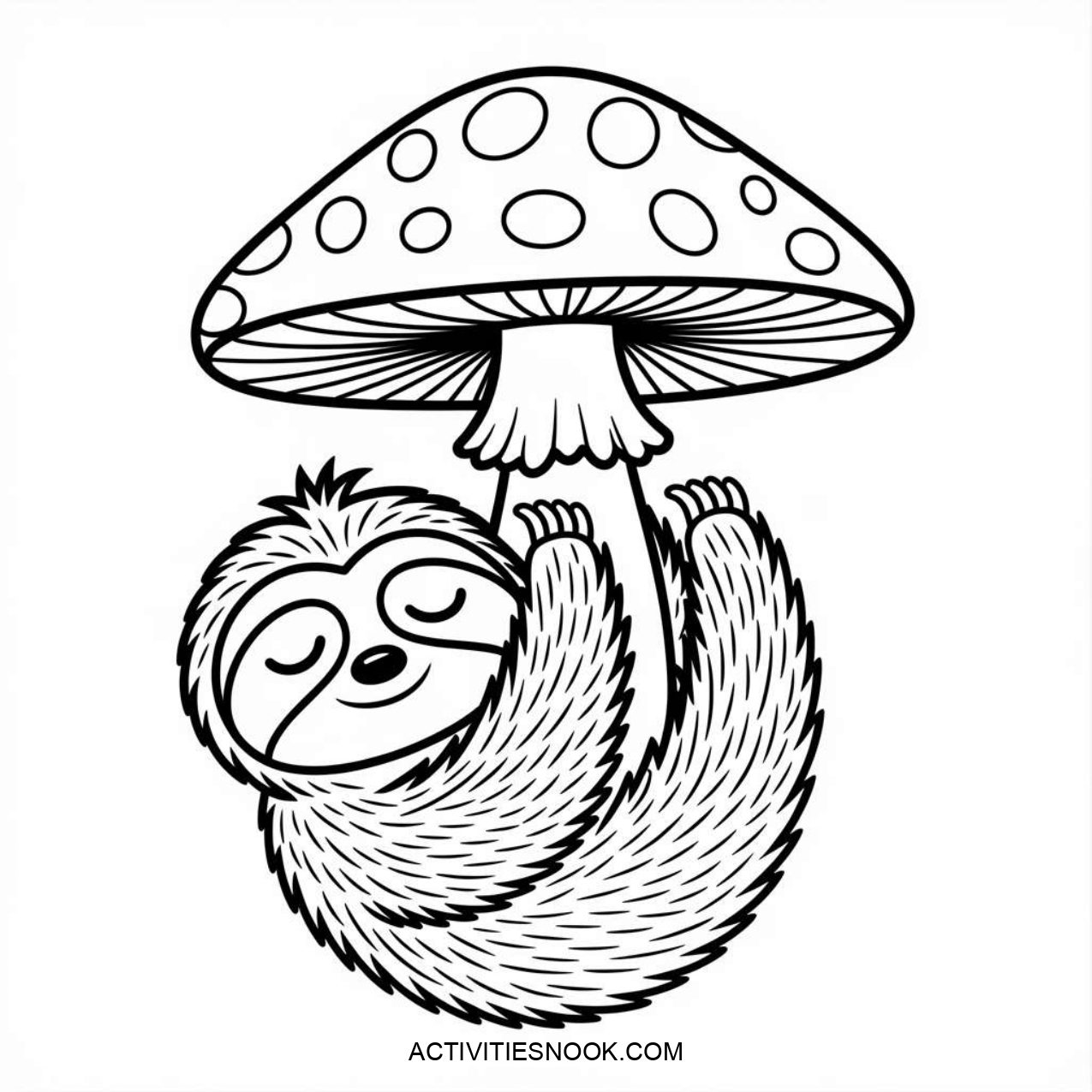 A sloth hanging from a mushroom with a relaxed expression, outlined in black and white for coloring.
