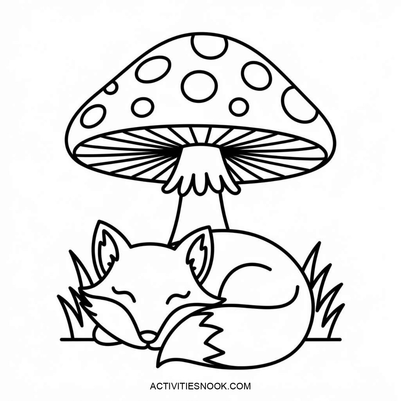 A line drawing of a sleeping fox curled up under a large mushroom with polka dots.