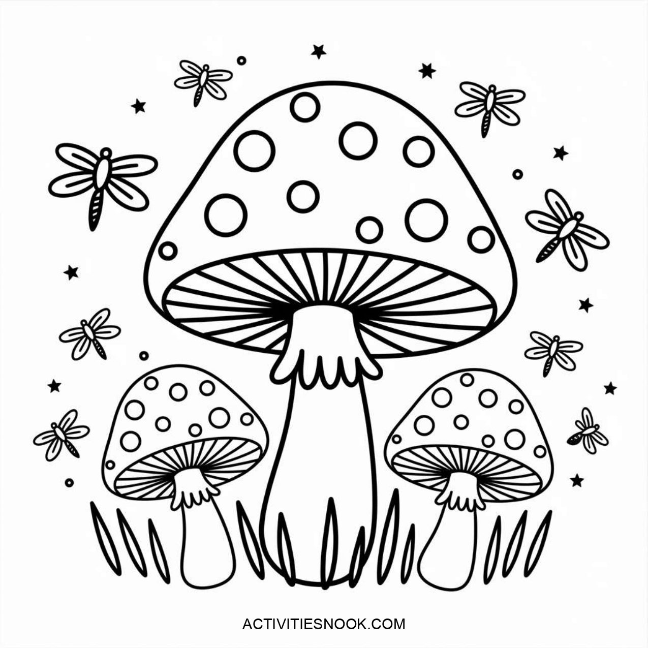 Black and white illustration of three mushrooms with polka dots and dragonflies in a whimsical design.