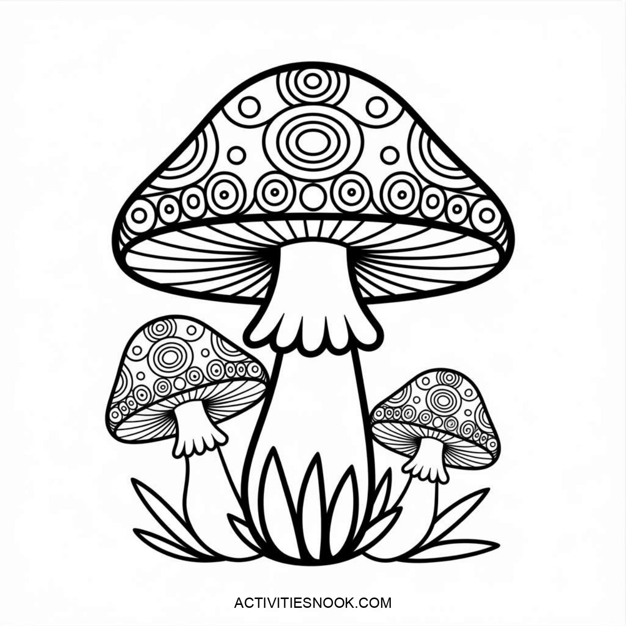 Black and white illustration of three mushrooms with circular patterns and grass at the base.
