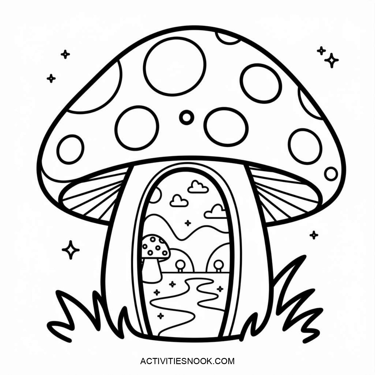Black and white coloring page featuring a large mushroom with a doorway leading to a whimsical landscape.