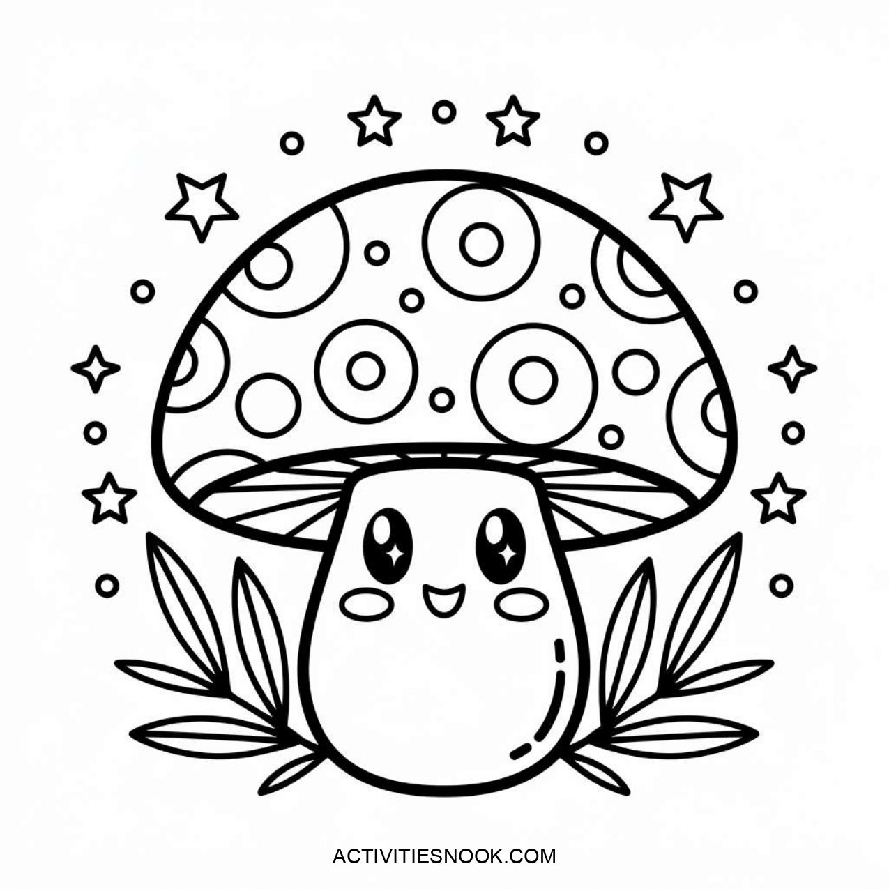 Cartoon-style mushroom illustration with a smiling face, surrounded by stars and leaves, designed for coloring activities.