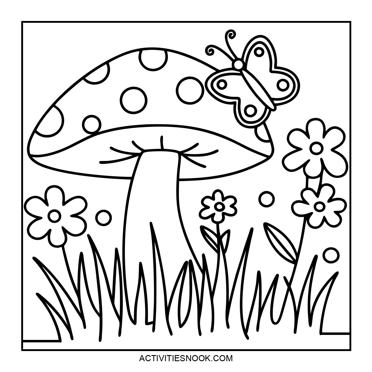 Coloring page featuring a large mushroom with polka dots, a butterfly, and flowers in a grassy setting.