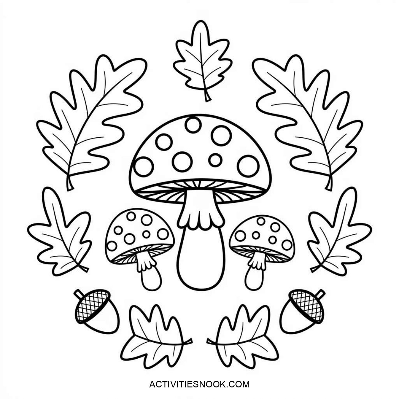 Black and white coloring page featuring various mushrooms surrounded by leaves and acorns.