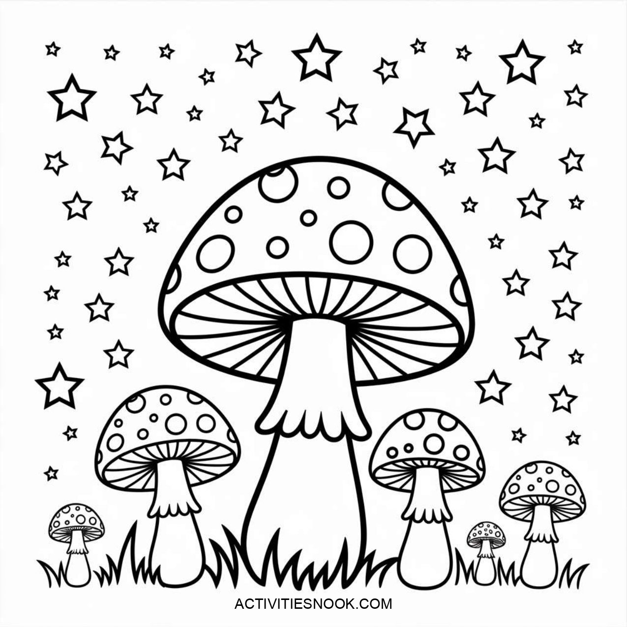 Black and white illustration of various mushrooms with polka dots and stars in the background.