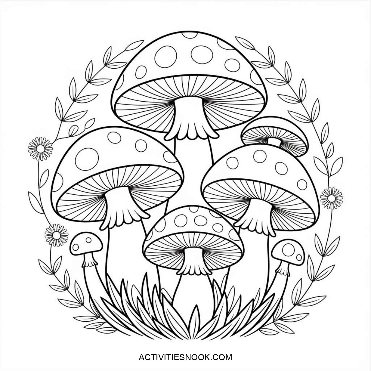 Line art illustration of various mushrooms surrounded by decorative foliage and flowers.