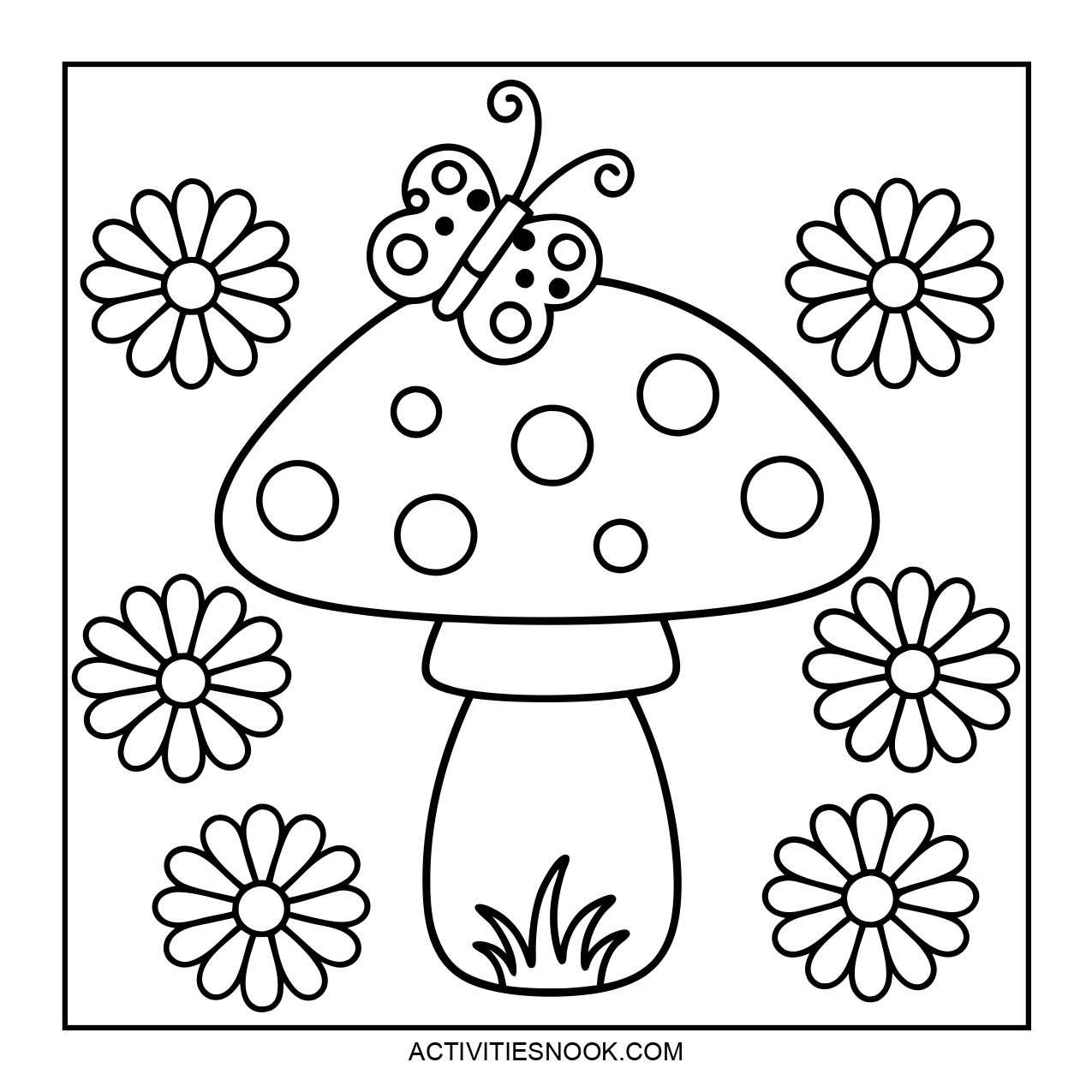 Black and white coloring page featuring a mushroom with a butterfly and surrounding flowers.