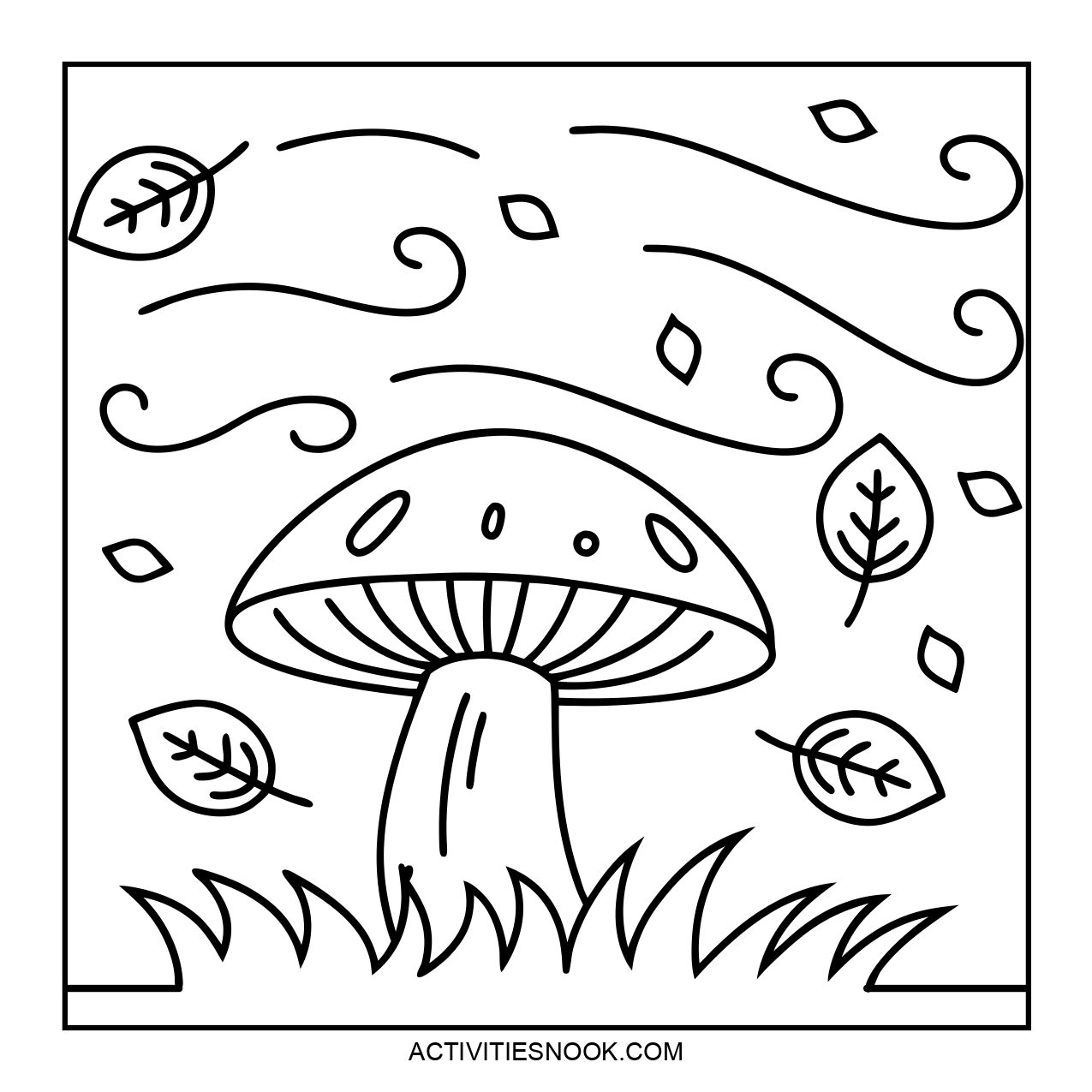 Black and white coloring page featuring a mushroom with leaves and swirling lines in a whimsical design.