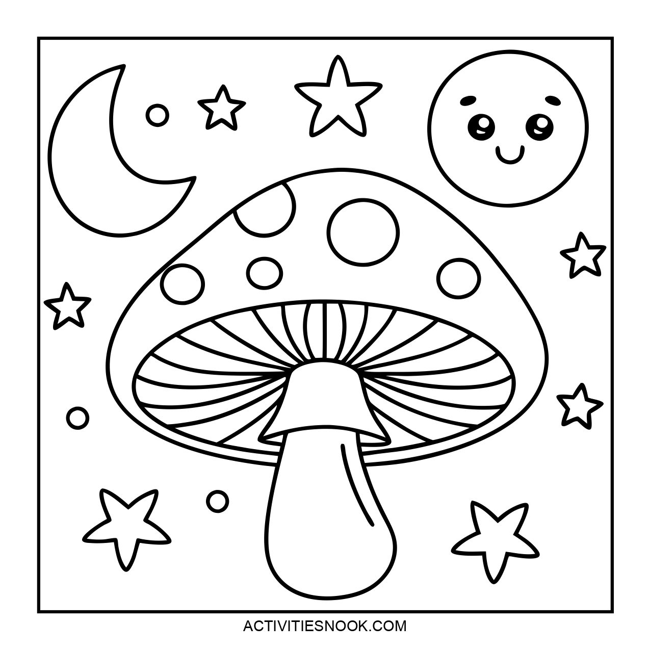 Black and white coloring page featuring a large mushroom surrounded by stars, a moon, and a smiling sun.