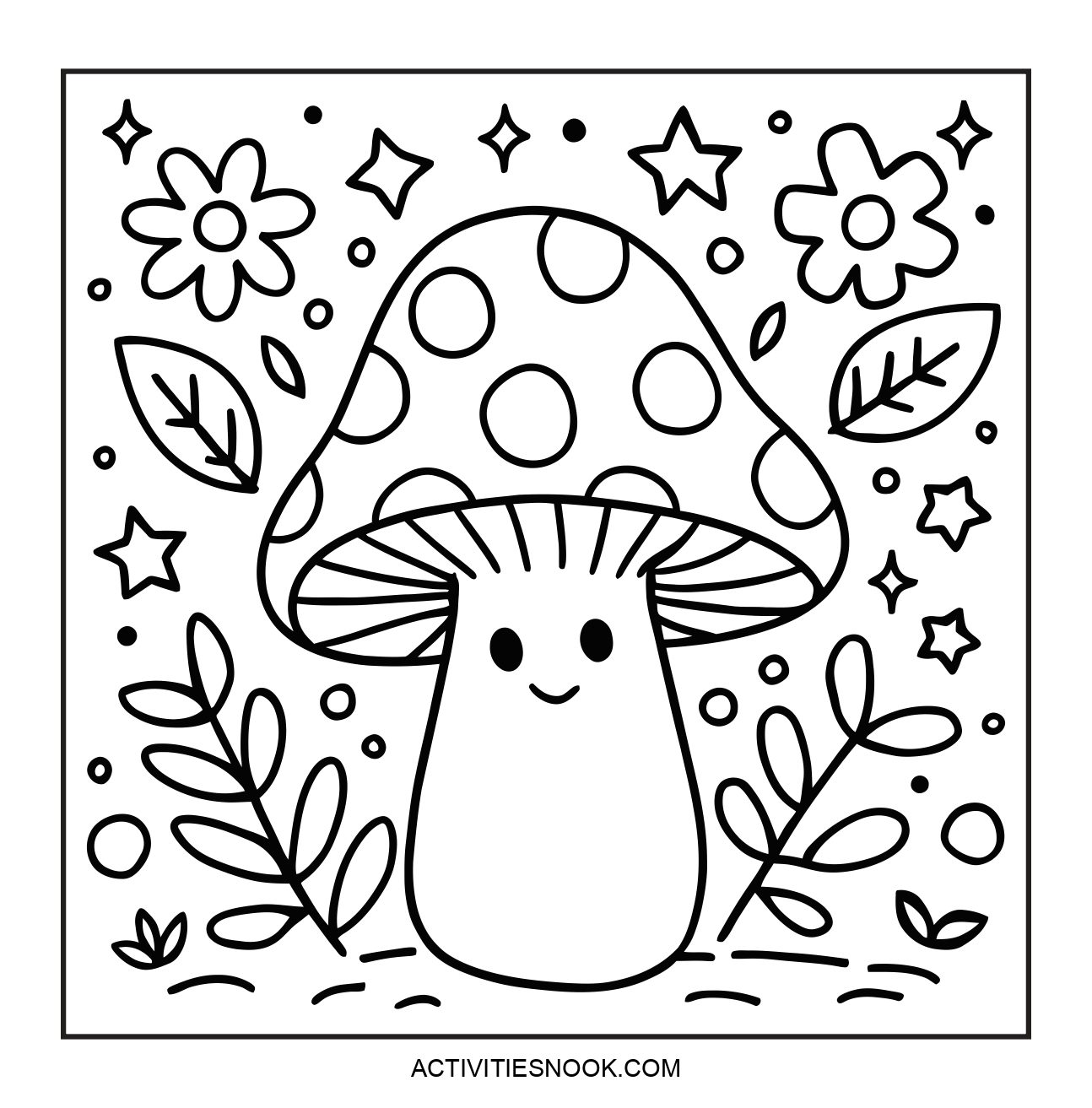 Black and white coloring page featuring a smiling mushroom with polka dots, surrounded by flowers and leaves.