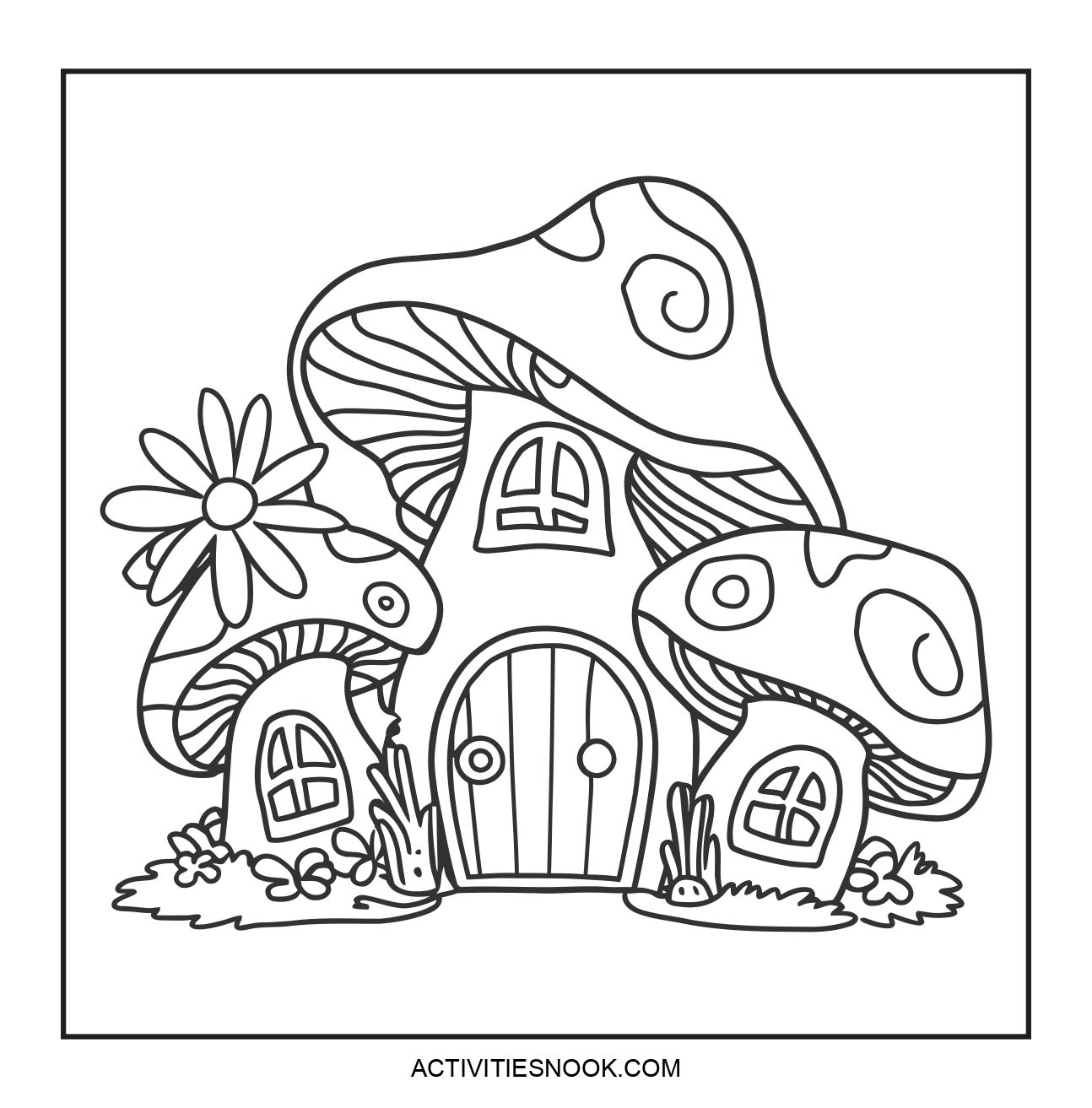 Coloring page featuring a whimsical mushroom house with large cap mushrooms and flowers in a garden setting.