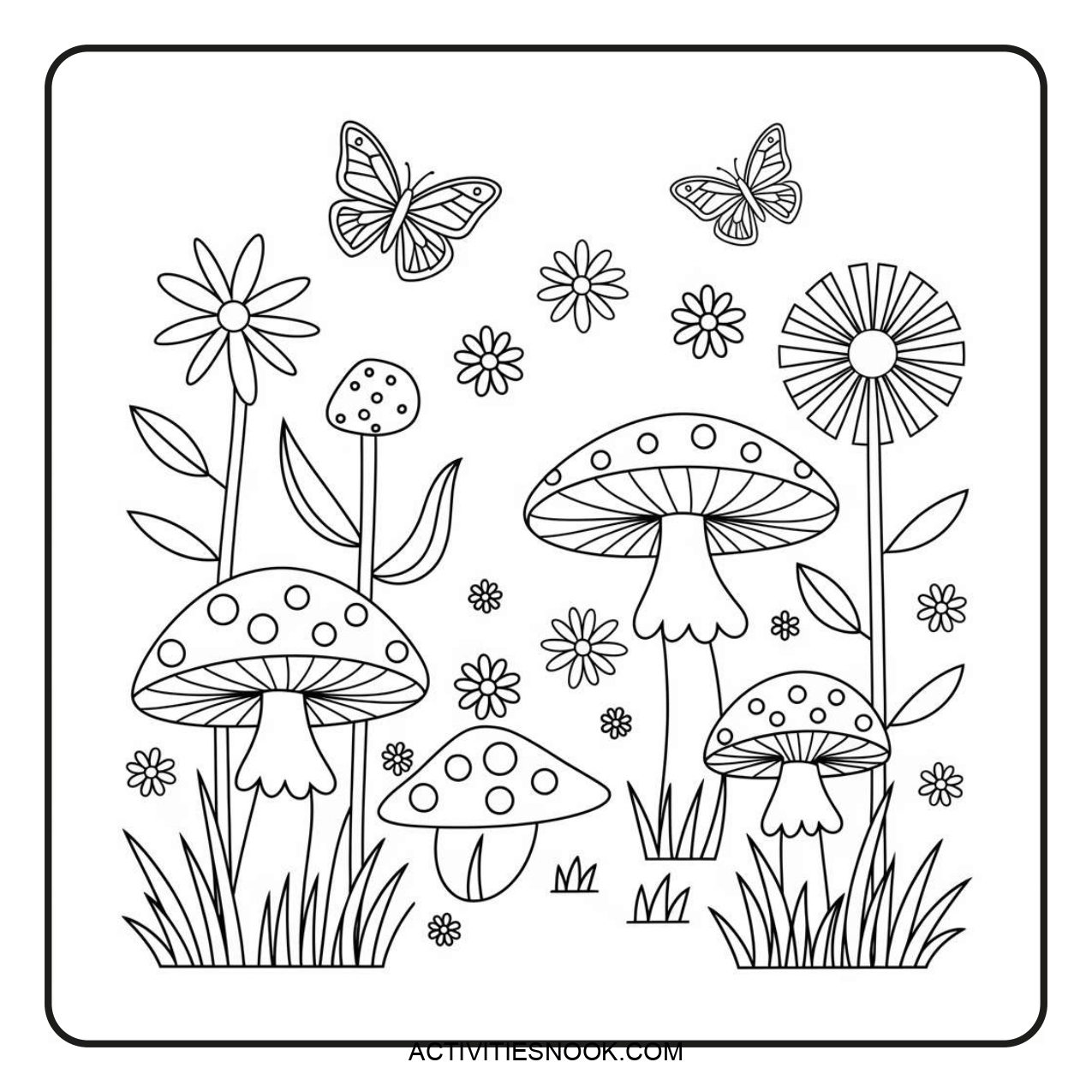 Black and white coloring page featuring various mushrooms, flowers, and butterflies in a whimsical design.