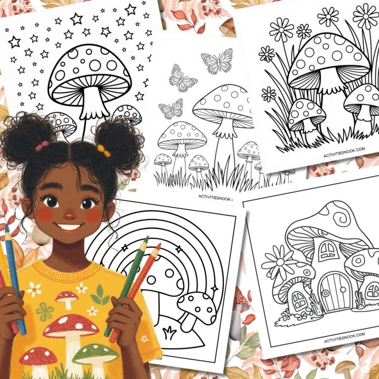 Collage of Coloring pages featuring mushrooms and a girl holding colored pencils.