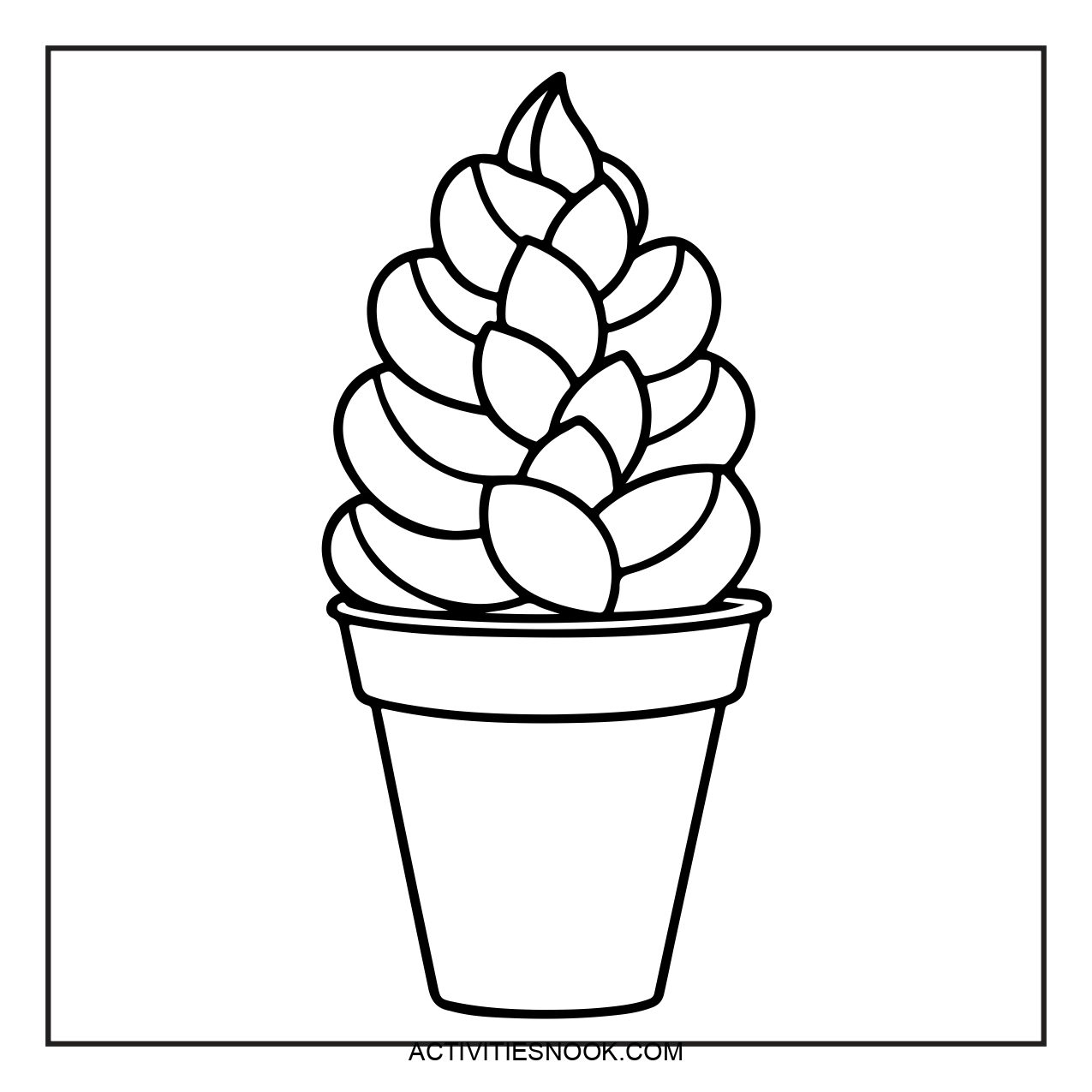 Line art illustration of a succulent  in a pot with a swirl design.