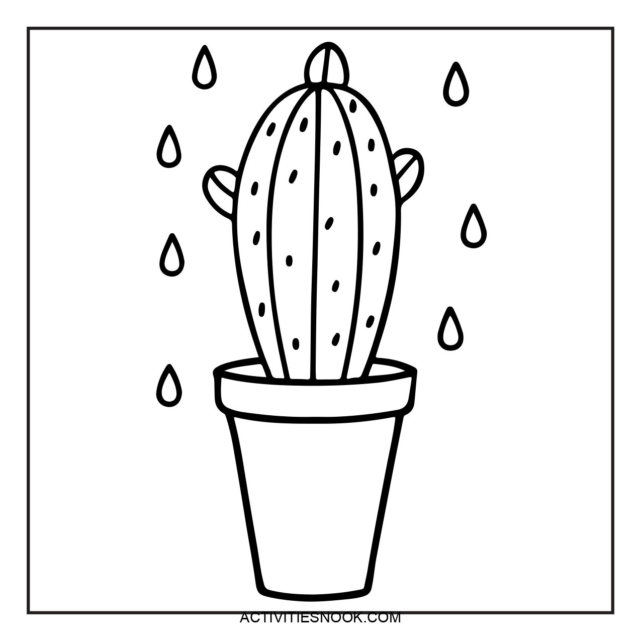 Line drawing of a cactus in a pot with raindrops around it, suitable for coloring activities.