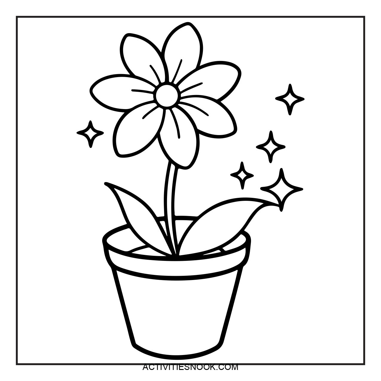 Black and white coloring page of a flower in a pot with decorative sparkles around it.