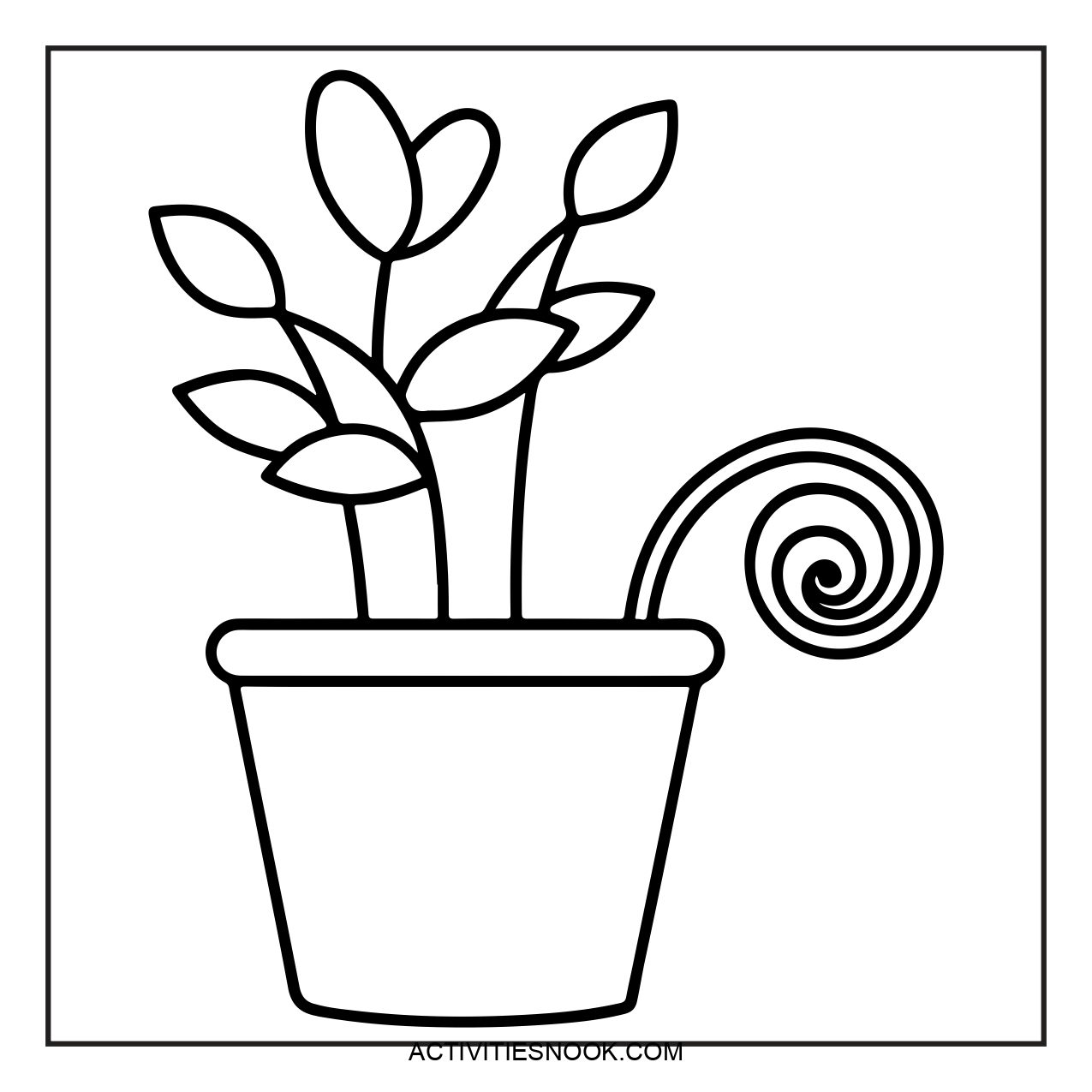 Line art illustration of a potted plant with leaves and a curled stem in a simple design.
