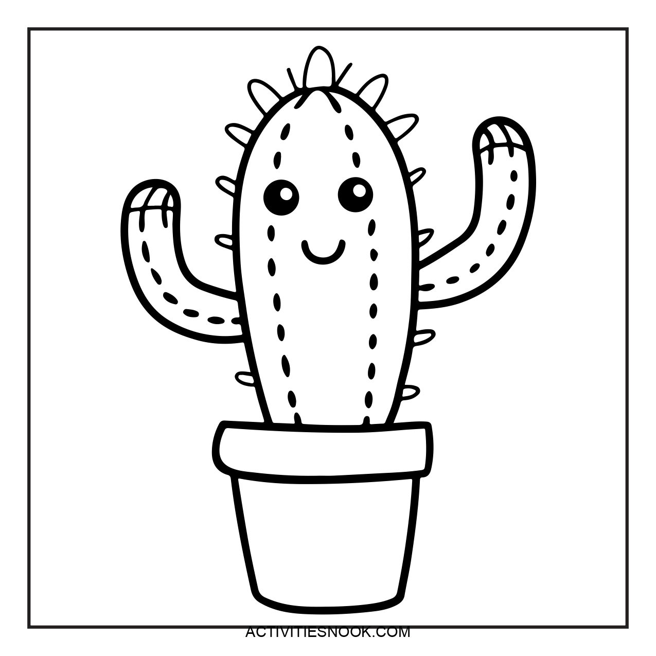 Cartoon-style cactus with a smiling face in a pot, designed for coloring activities.