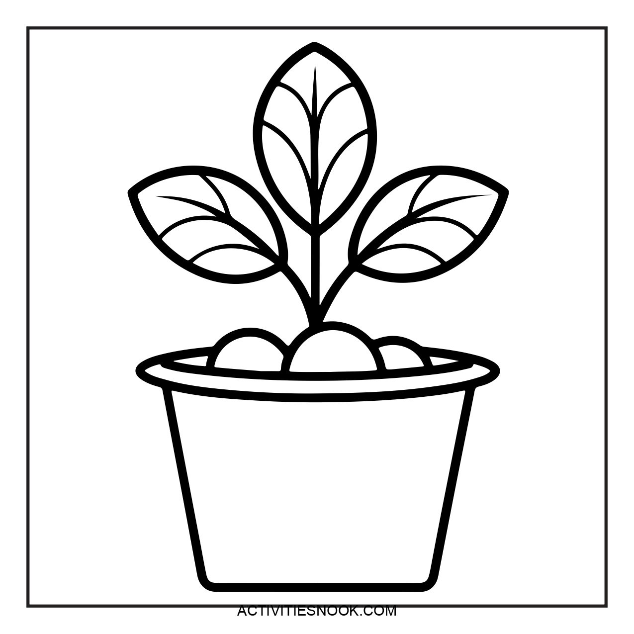 Line drawing of a potted plant with leaves and soil, suitable for coloring activities.