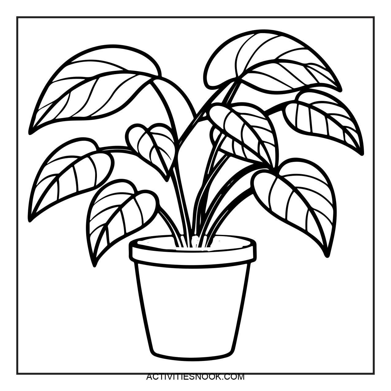 Black and white illustration of a potted plant with large, detailed leaves for coloring.