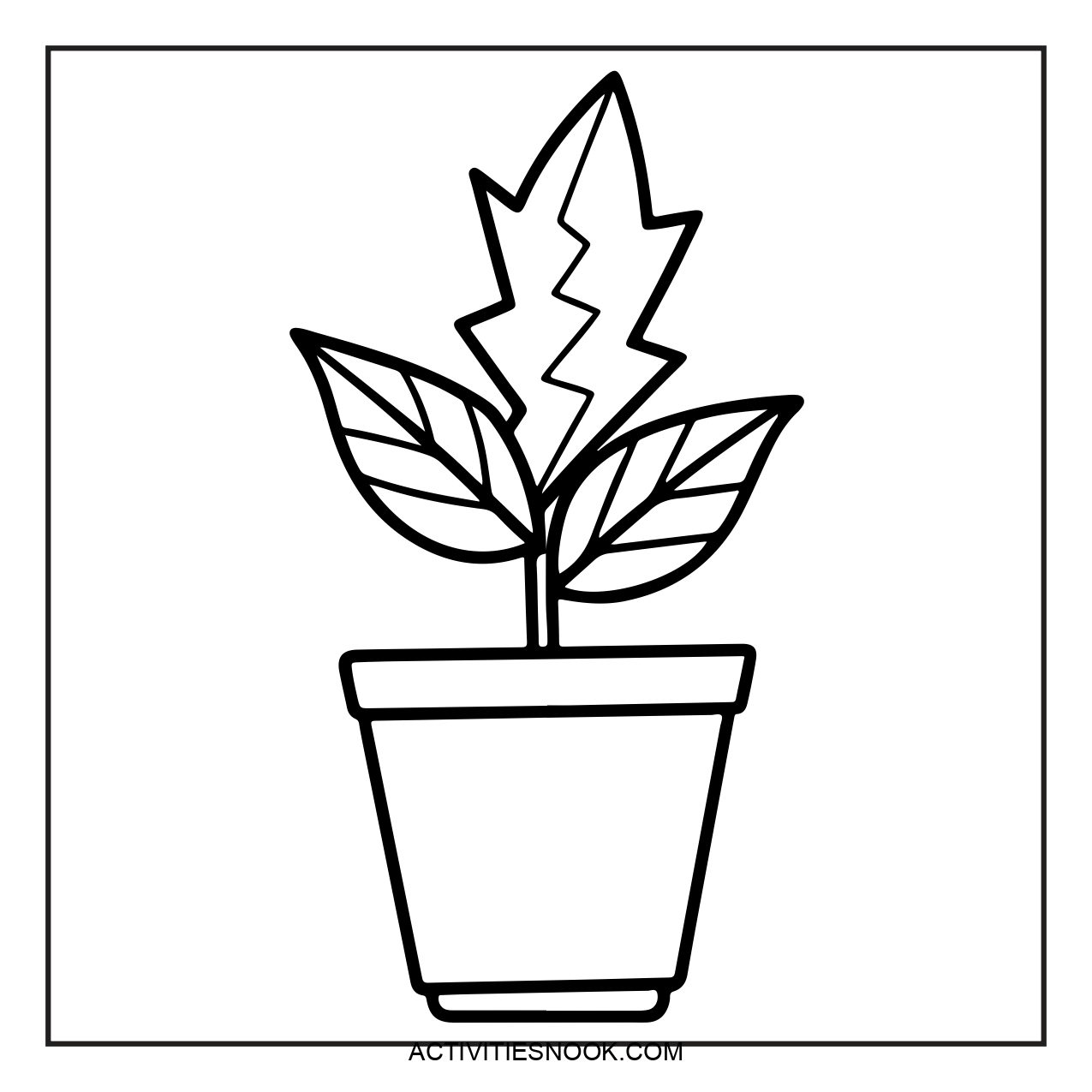 Line art illustration of a potted plant with stylized leaves and a geometric design.