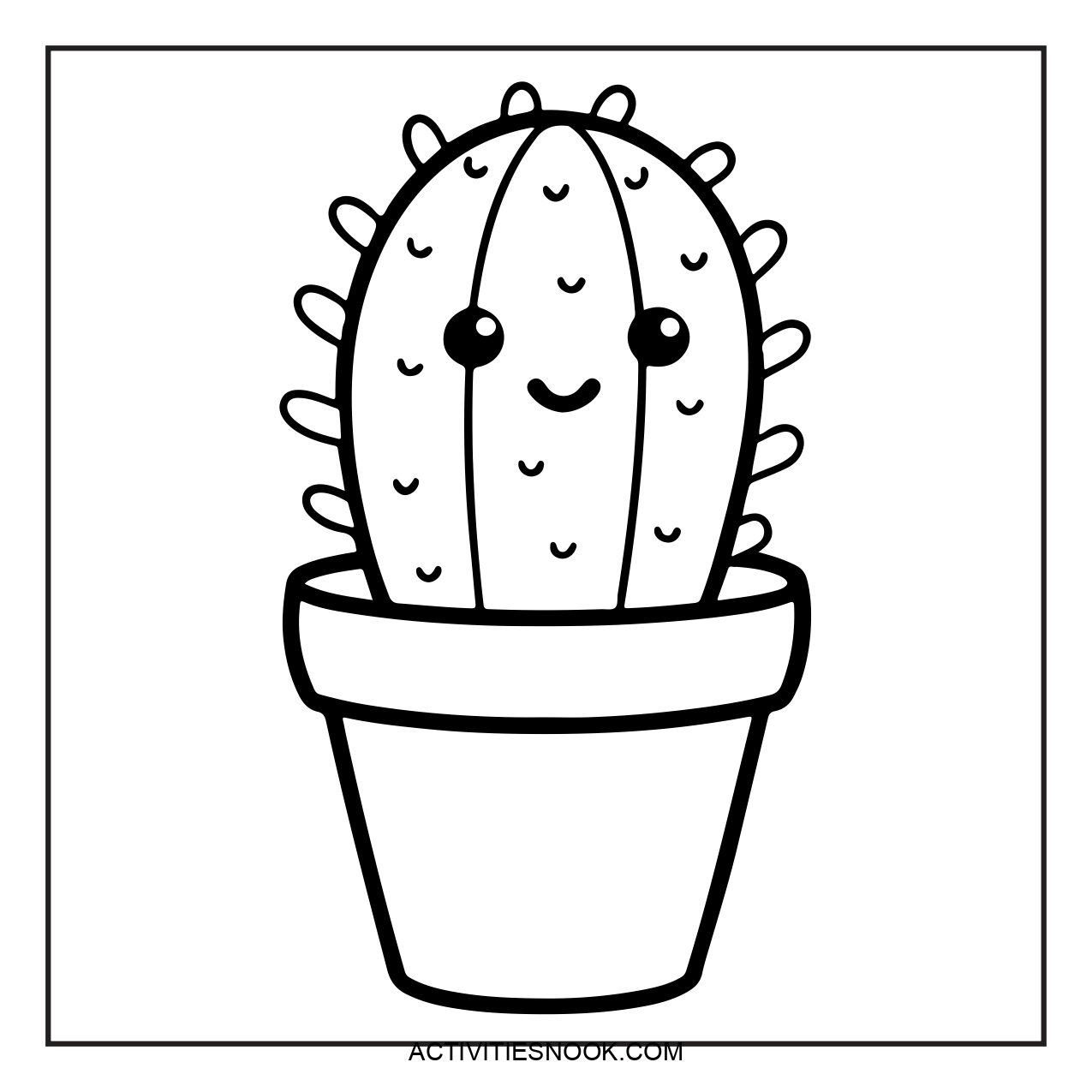 Cartoon-style cactus with a smiling face in a pot, designed for coloring activities.