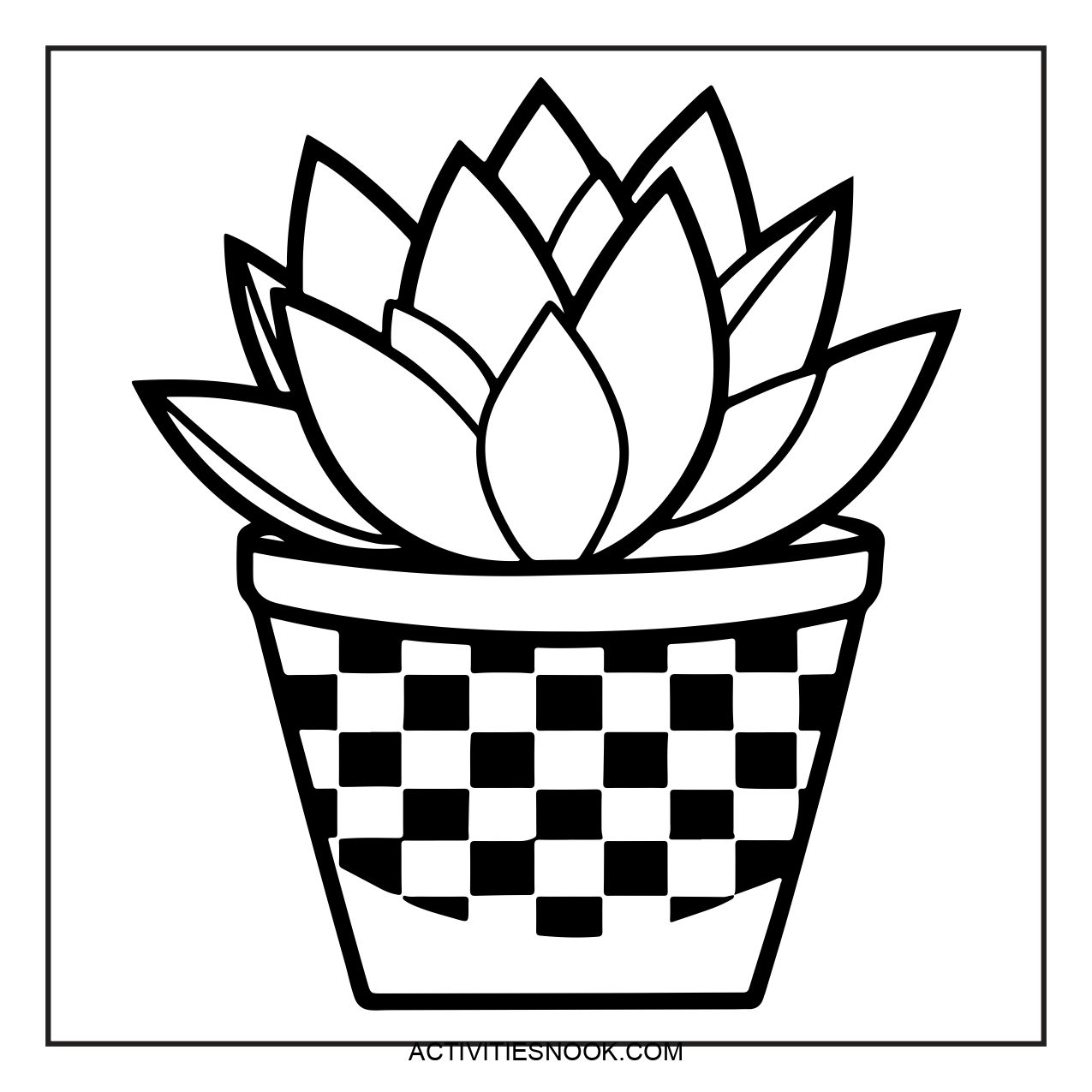 Black and white illustration of a succulent plant in a checkered pot, suitable for coloring activities.