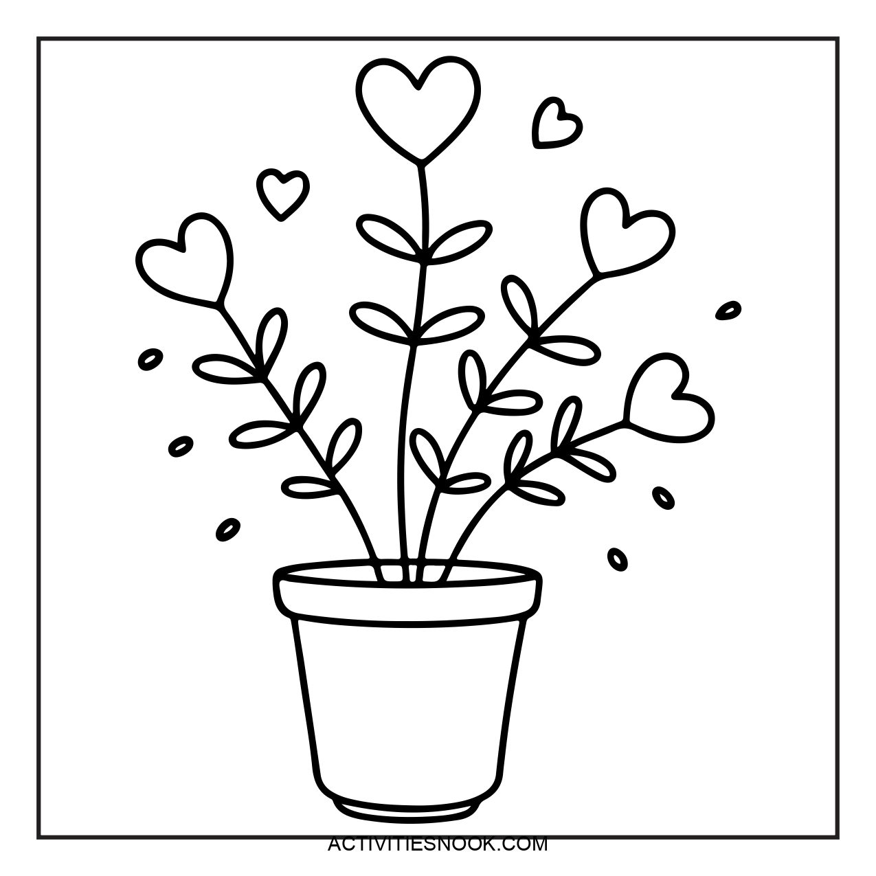 Line art illustration of a potted plant with heart-shaped leaves and decorative elements.