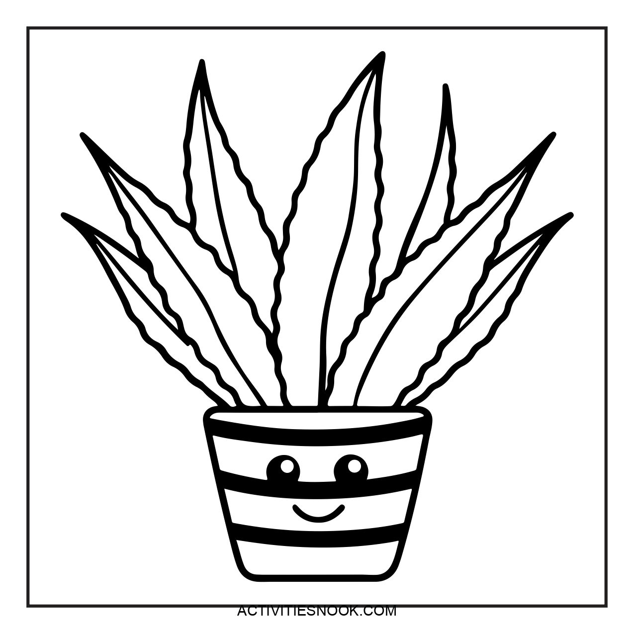 Black and white illustration of a smiling potted aloe vera plant with long, pointed leaves in a striped pot.