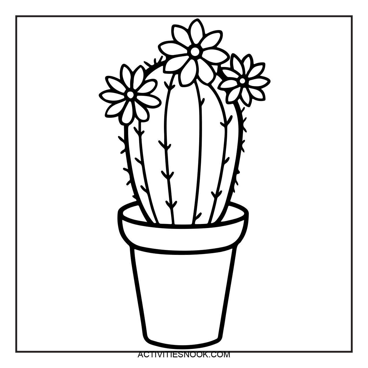 Line art illustration of a cactus in a pot with flowers on top, suitable for coloring activities.