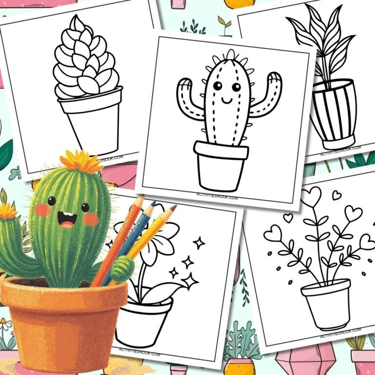 Coloring pages featuring various potted plants including a cactus, succulent, and flower designs.