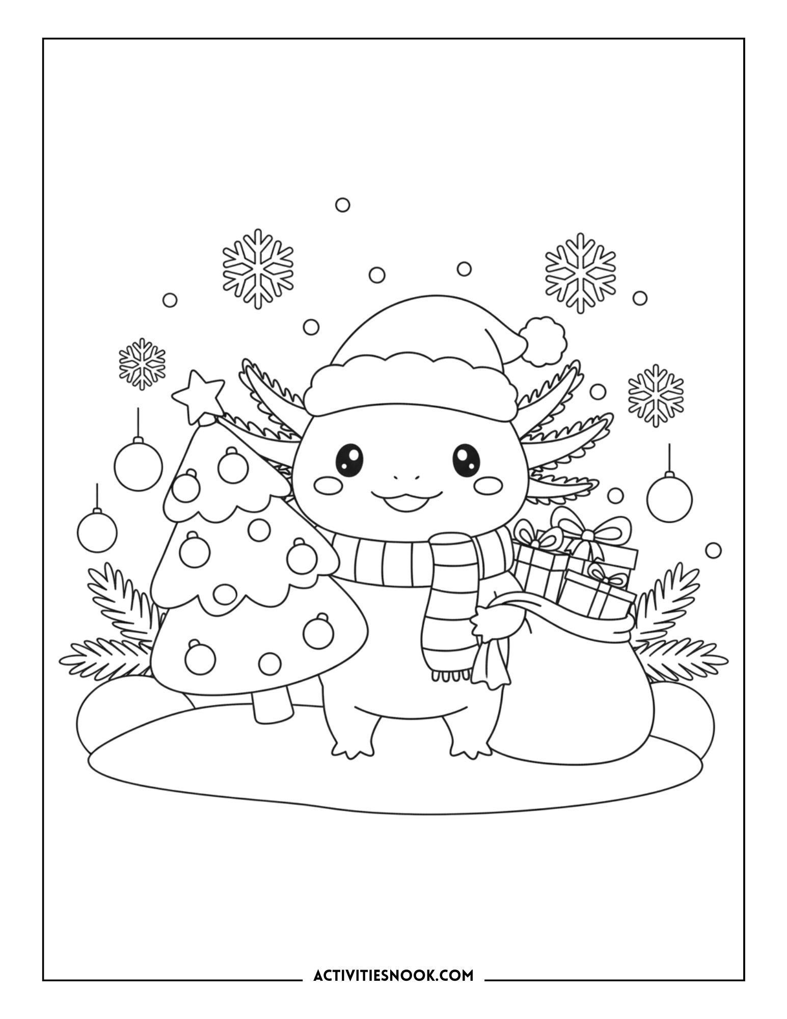 Smiling axolotl with Christmas tree, scarf, and presents, festive holiday coloring page.