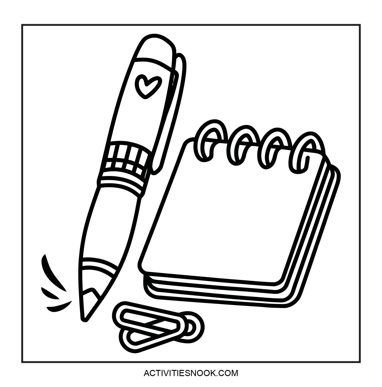 Black and white illustration of a pen, a notepad, and a paper clip arranged together.