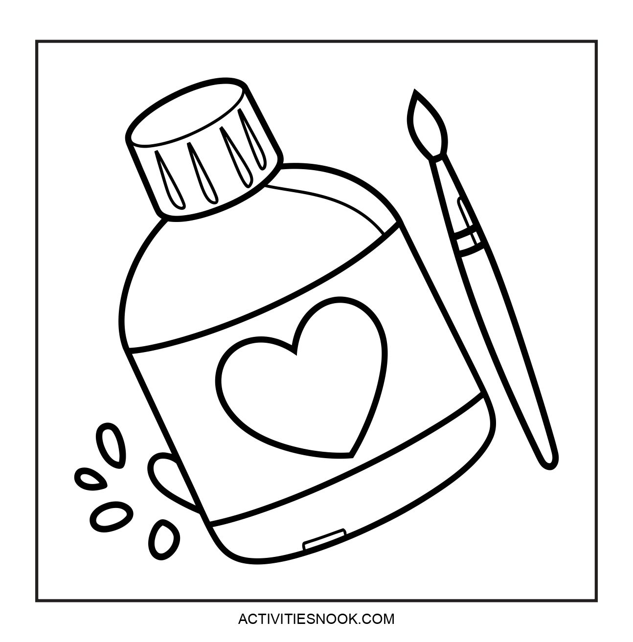 Outline drawing of a paint bottle with a heart label and a paintbrush beside it, designed for coloring activities.