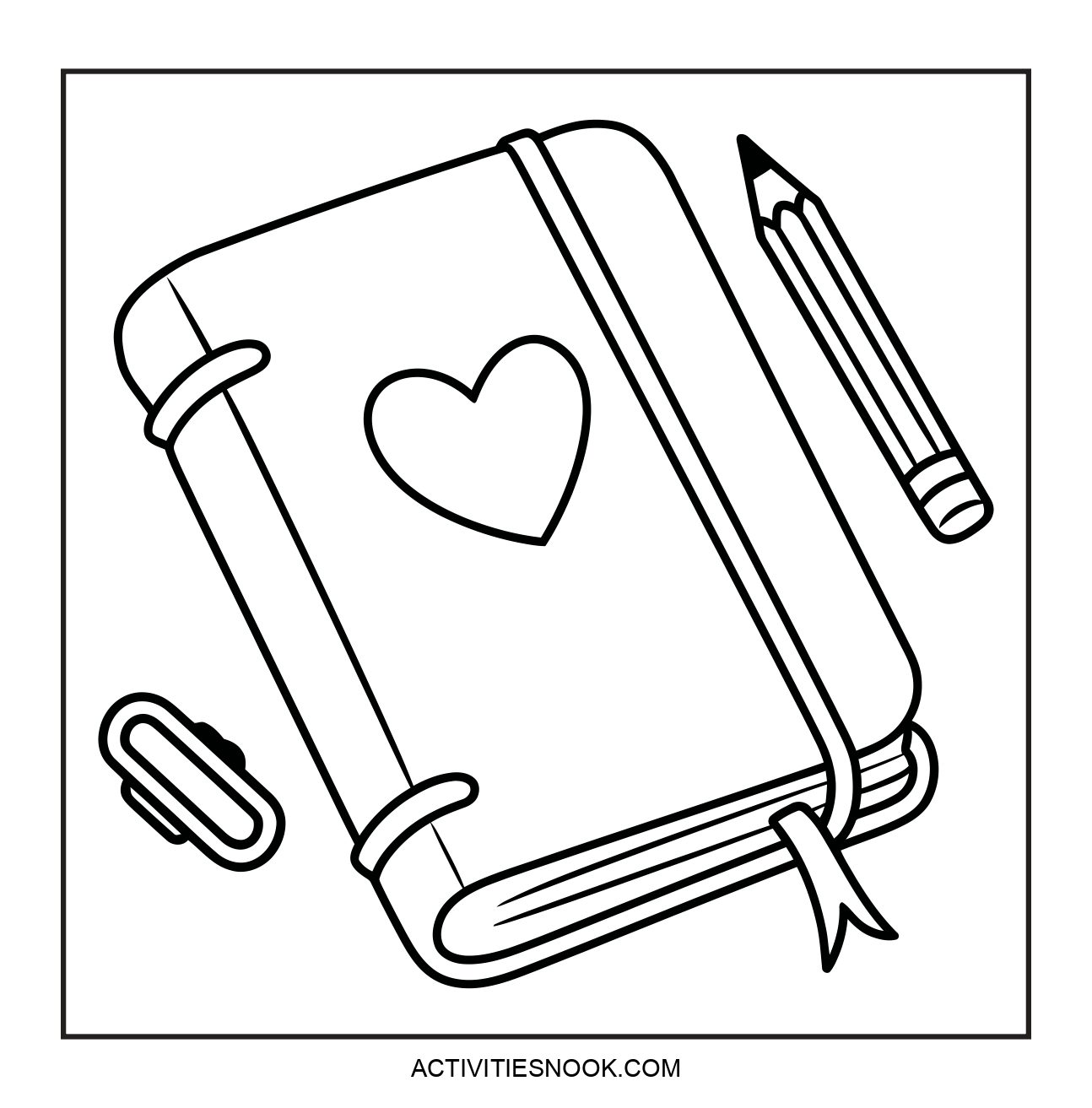 Outline of a notebook with a heart design, a pencil, and a paperclip, suitable for coloring activities.