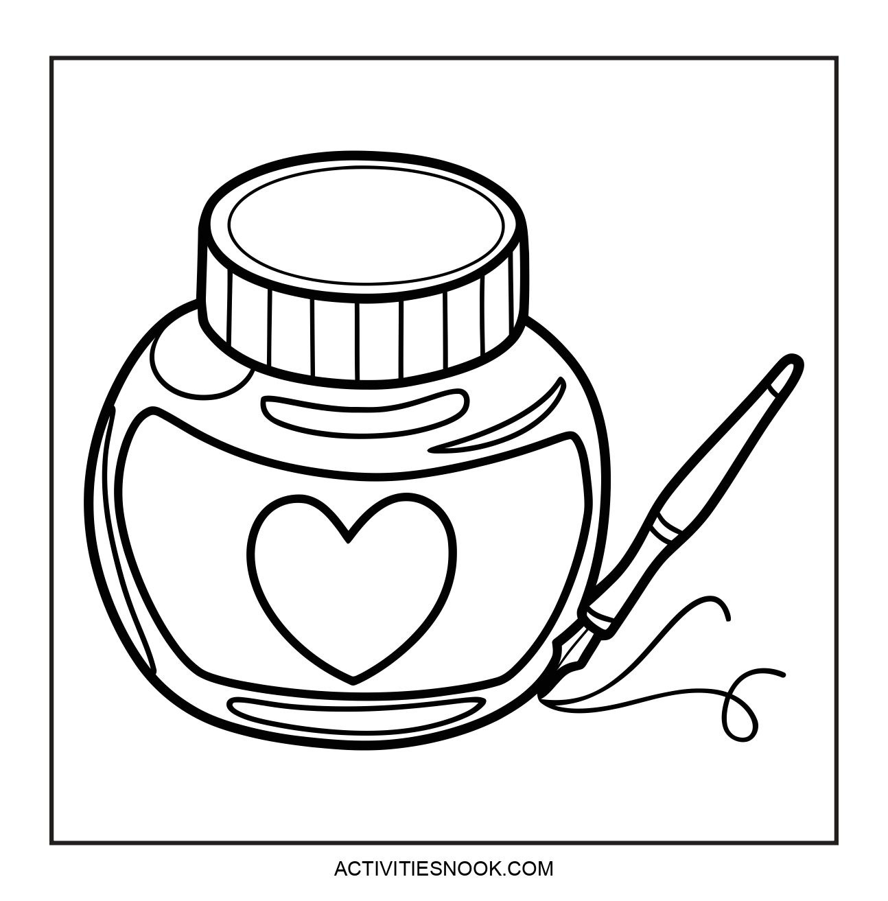 A coloring page featuring a jar of paint with a heart design and a paintbrush beside it.